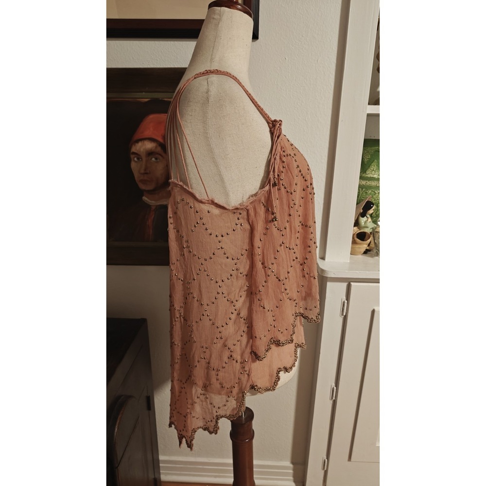 Free People Fairy dust Tank Top Beaded Gauzy Sz Med Pink - Picture 7 of 10